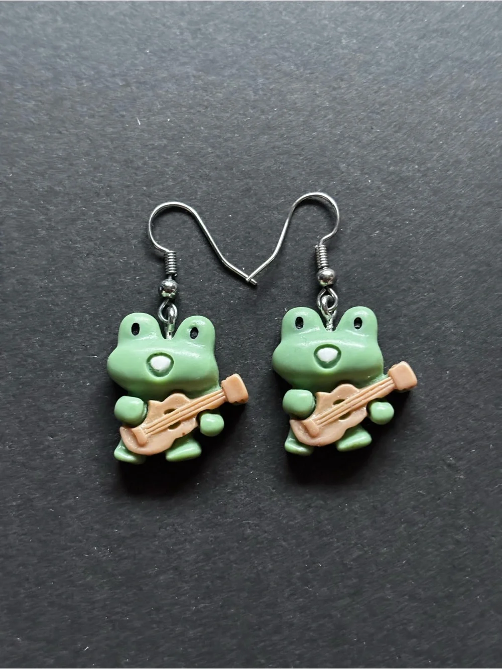 Green Frog Guitar Dangle Earrings | Cute Kawaii Kids